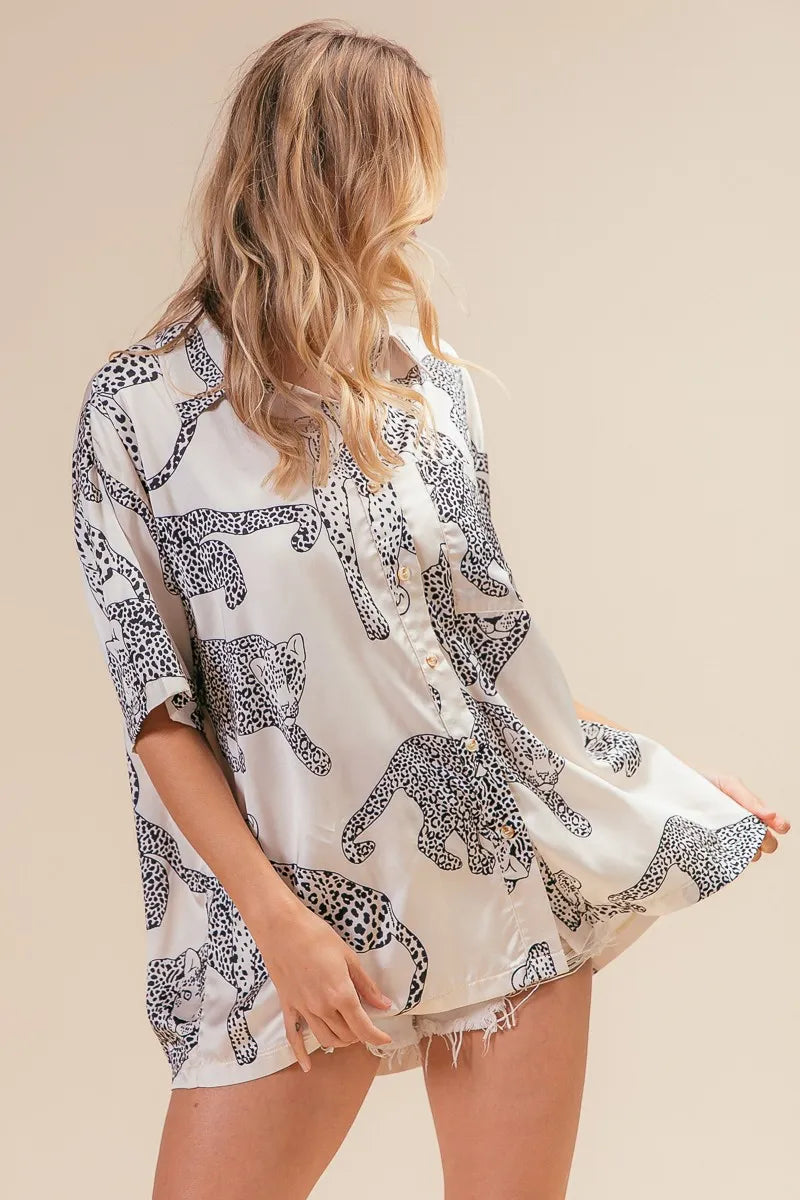 BiBi Oatmeal Leopard Print Short Sleeve Silky Satin Shirt Top