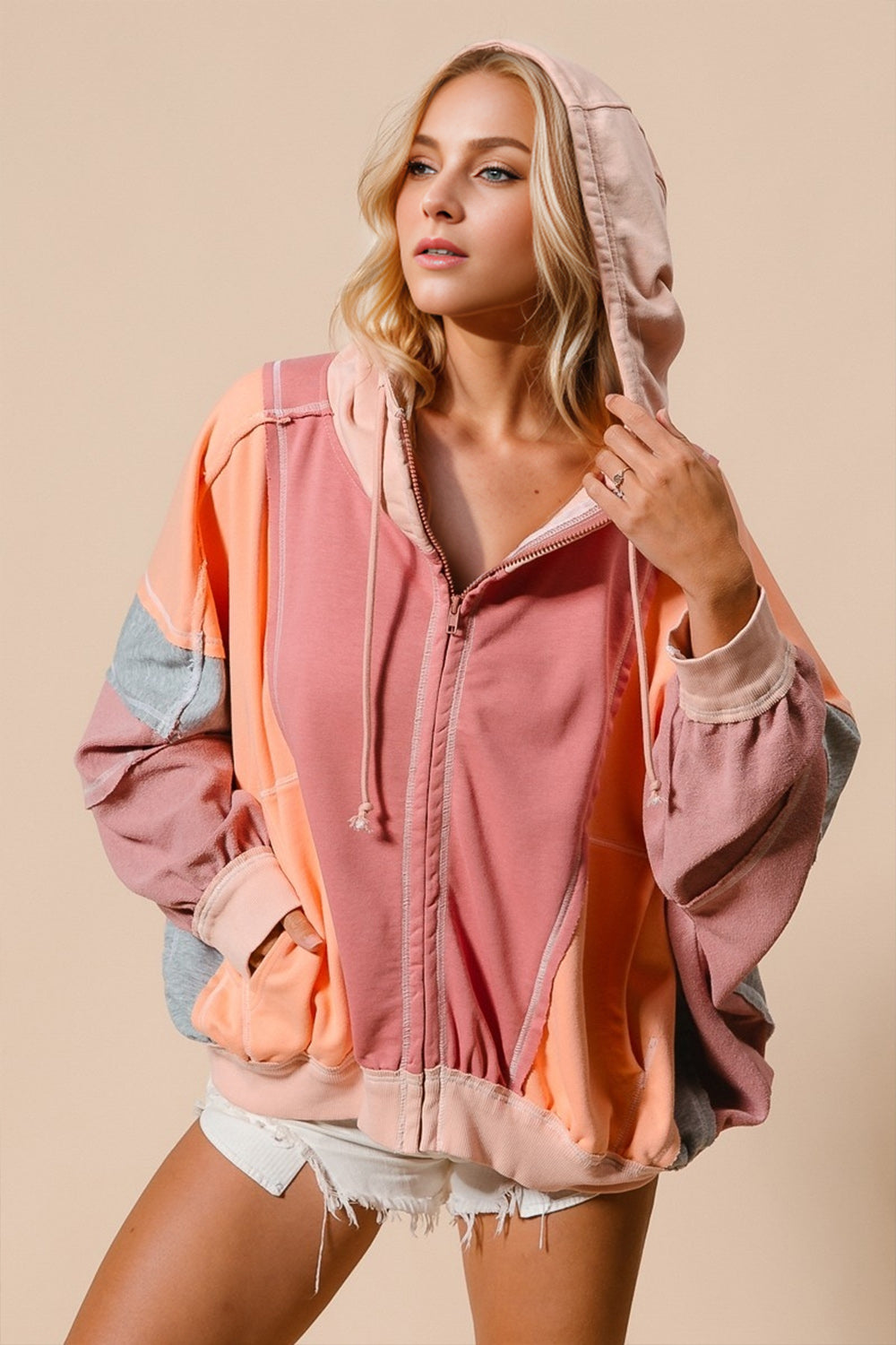 Preorder (4 Colors) Double Take Full Size Color Block Zip Up Hoodie Burnt Coral