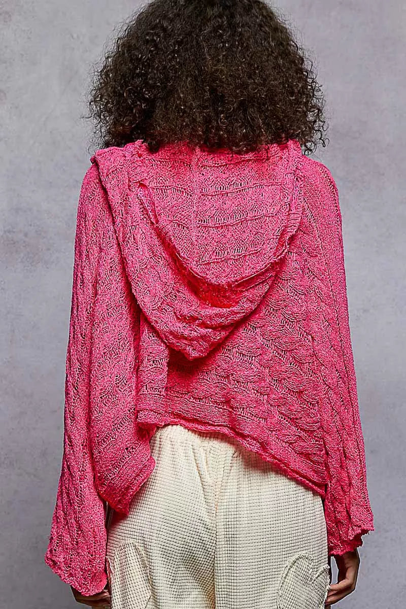 POL Hot Pink Cropped Hooded Knit Top with Full Sleeves