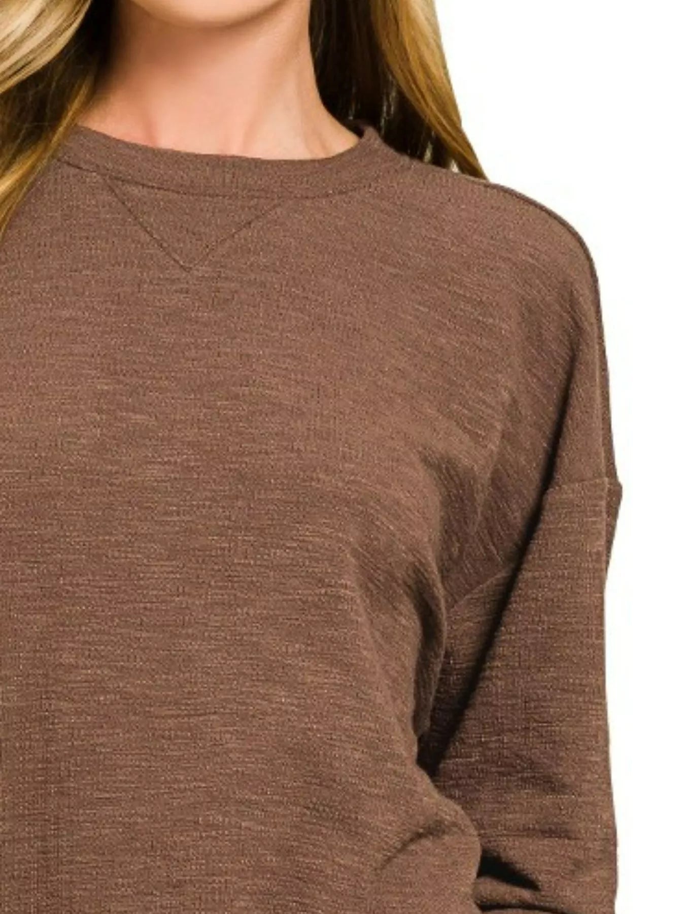 Zenana Brown Slub Long Sleeve Top and Shorts Set