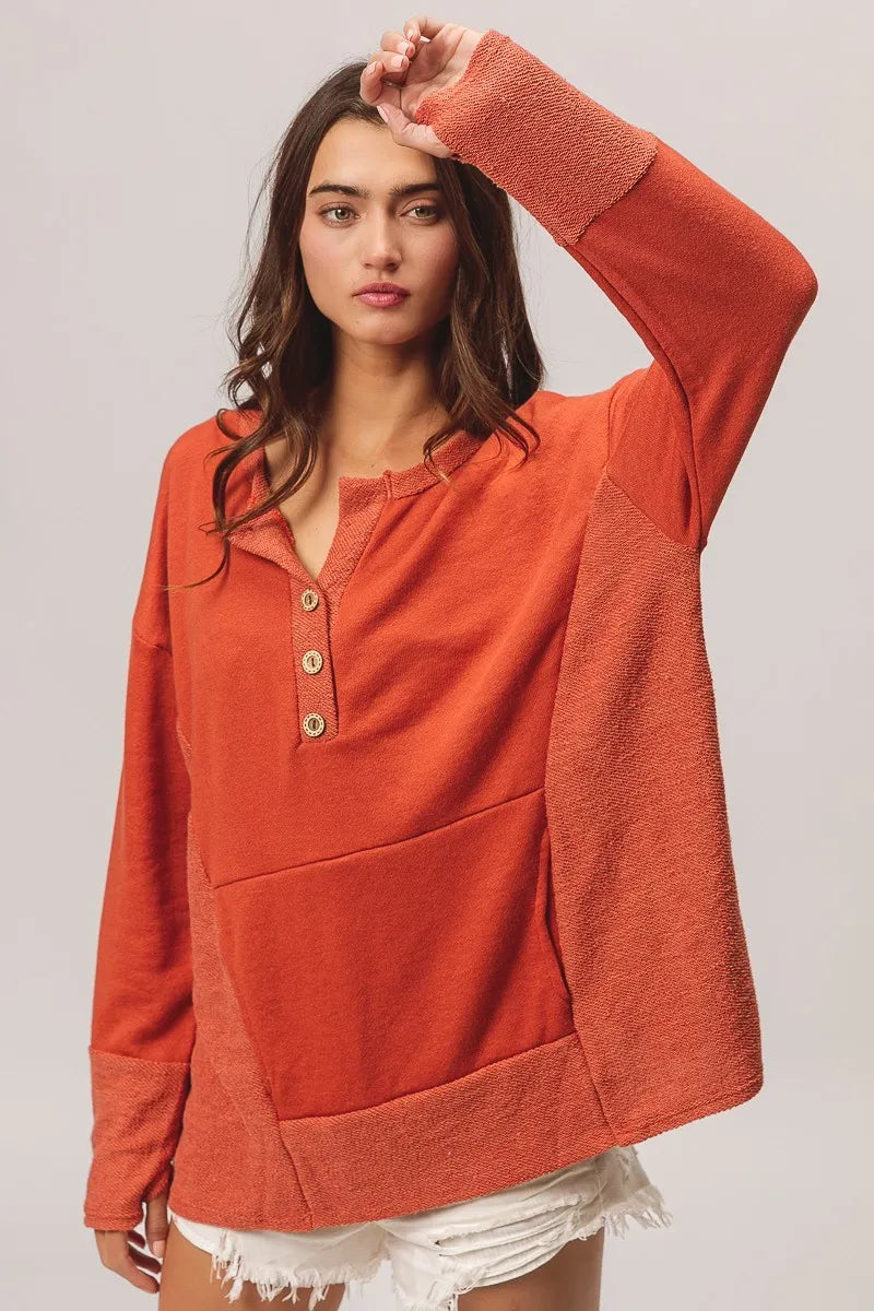 BiBi Rust French Terry Knit Side Block Buttoned Henley Top