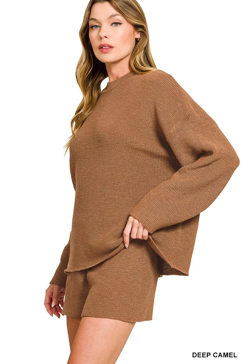 Zenana Deep Camel Round Neck Knit Top and Shorts Sweater Set
