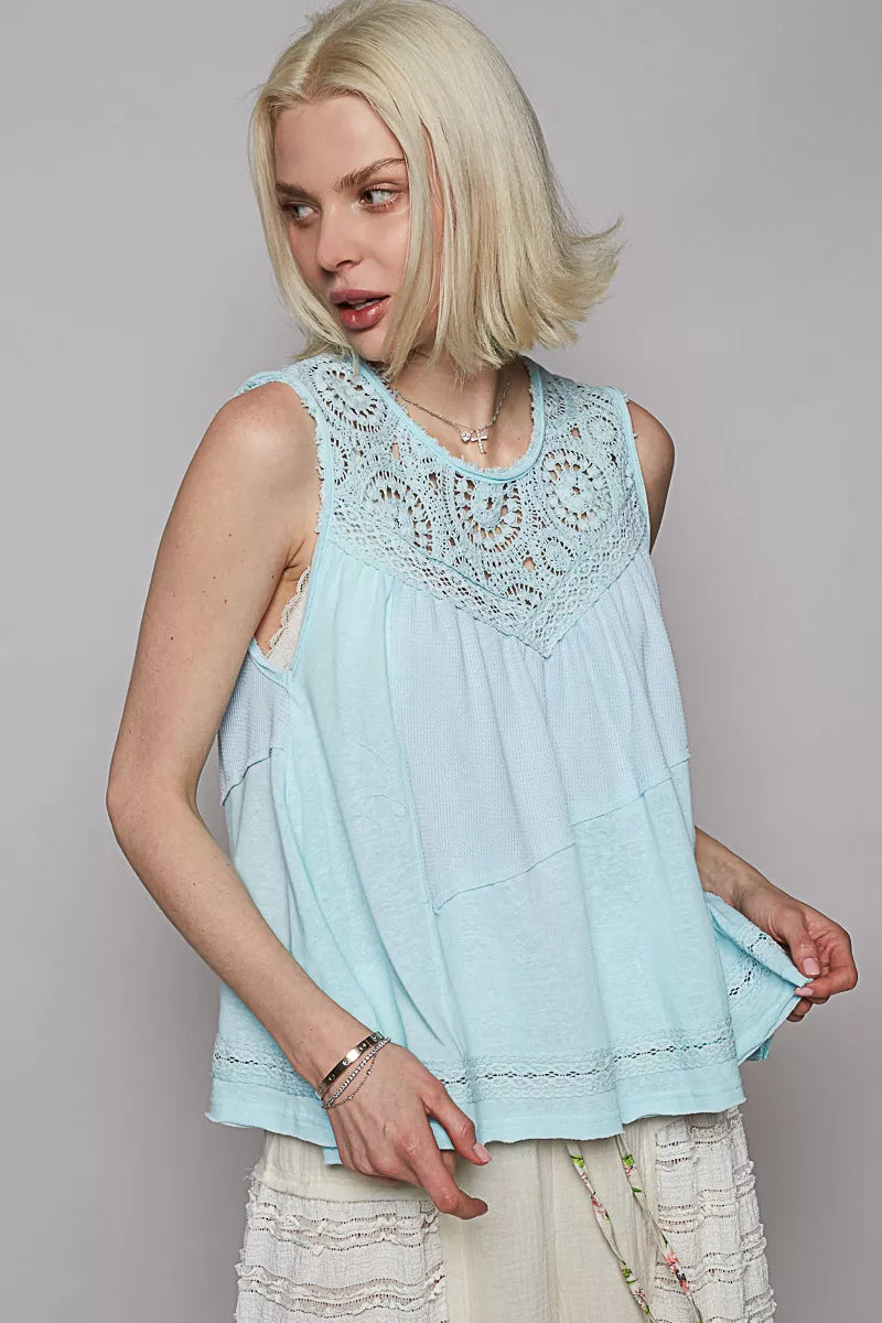 POL Round Neck Sleeveless Top with Crochet Contrast