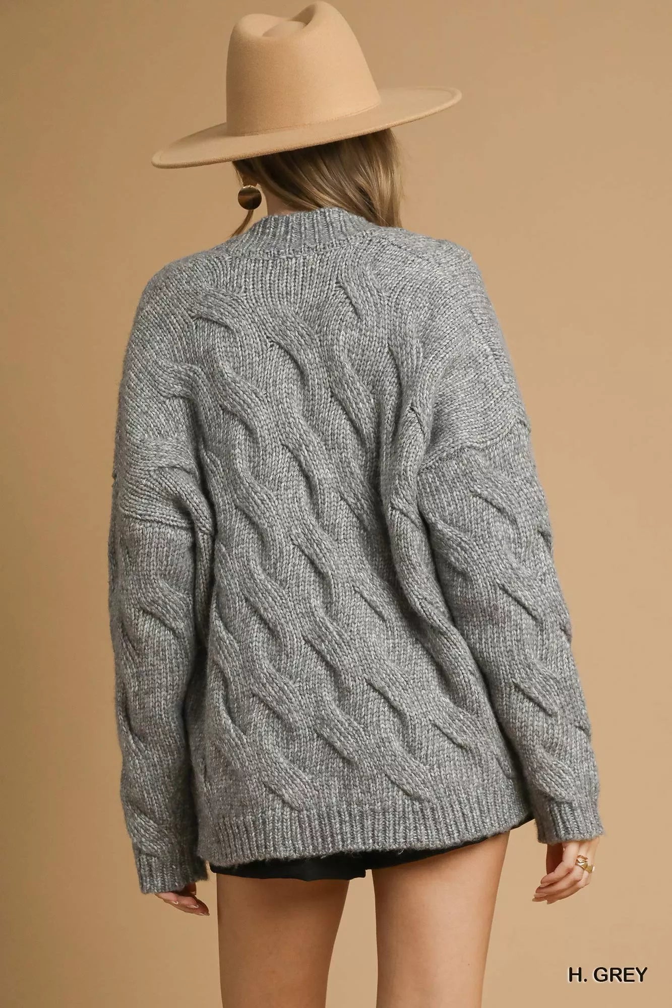 Umgee Heather Grey Chunky Cable Knit Open Front Cardigan
