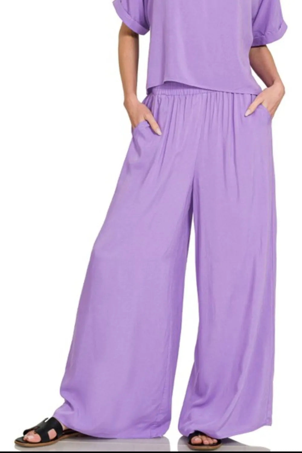 Zenana Marlin Round Neck T-Shirt and Wide Leg Pants Set