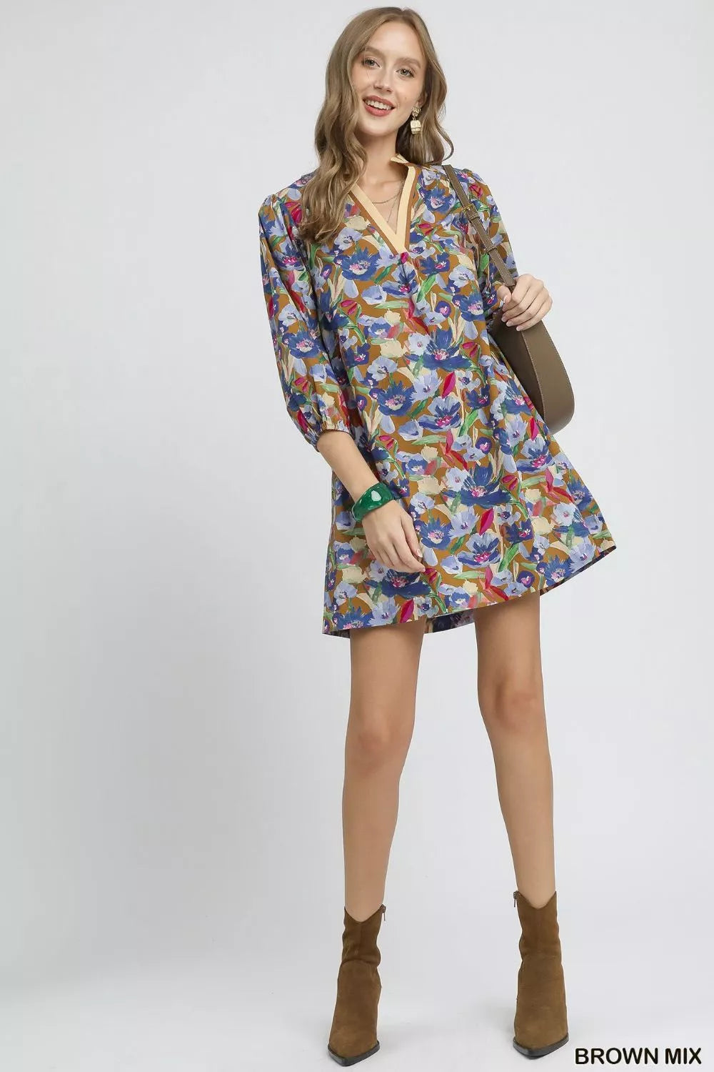 Umgee Brown Mix Boho Floral Balloon Sleeve Mini Dress