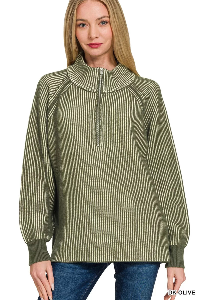 Zenana Ribbed Two Tone Half Zip Sweater in Dark Olive