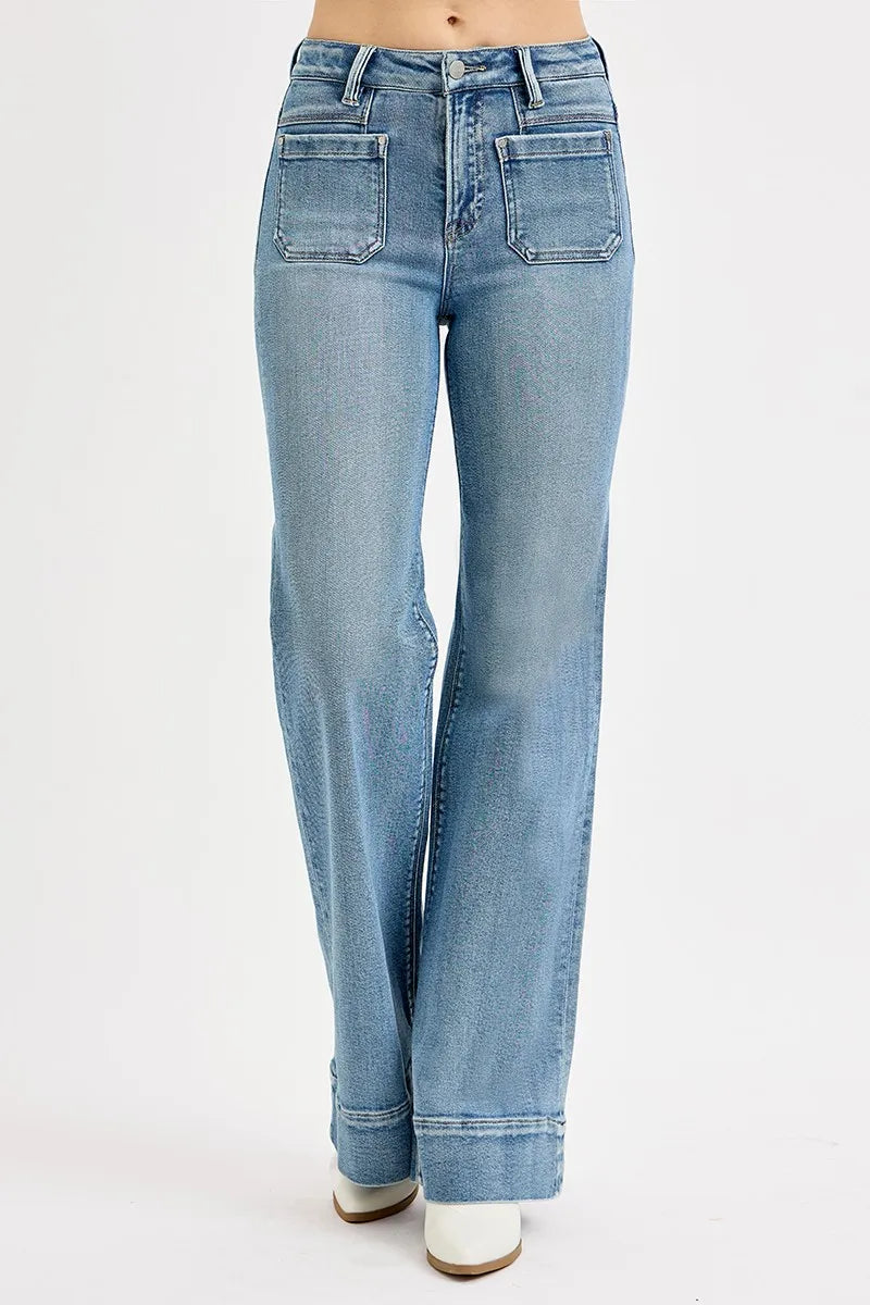 RISEN Medium Washed High Rise Wide Flare Patch Pocket Jeans
