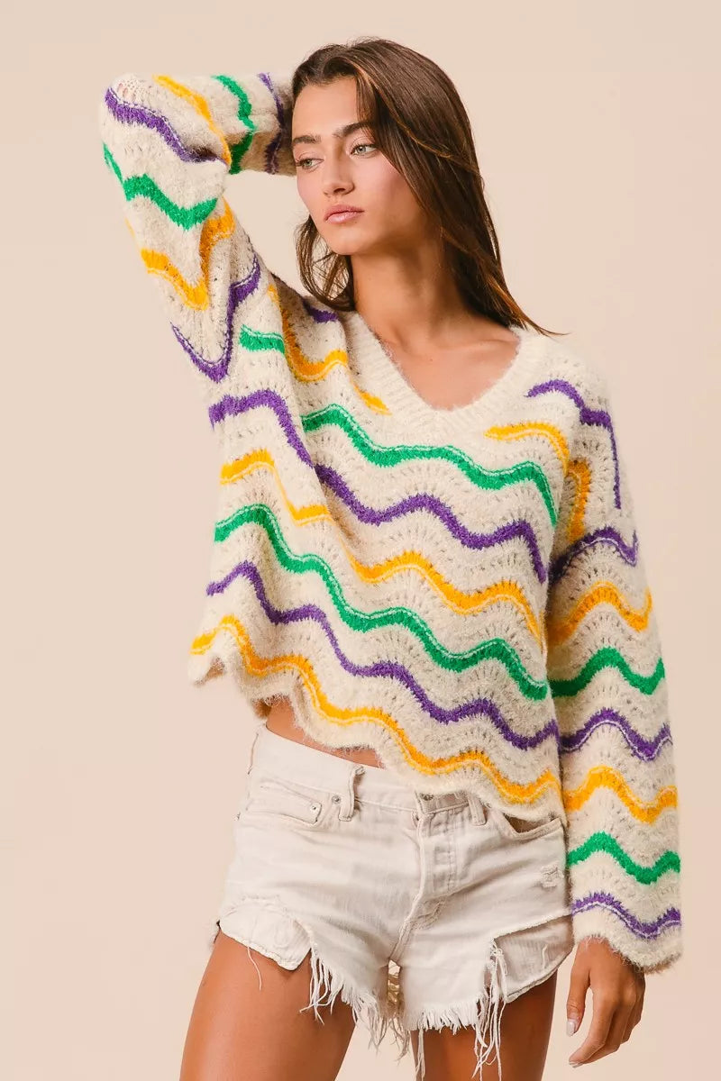 BiBi Mardi Gras Wavy Stripes V-Neck Sweater