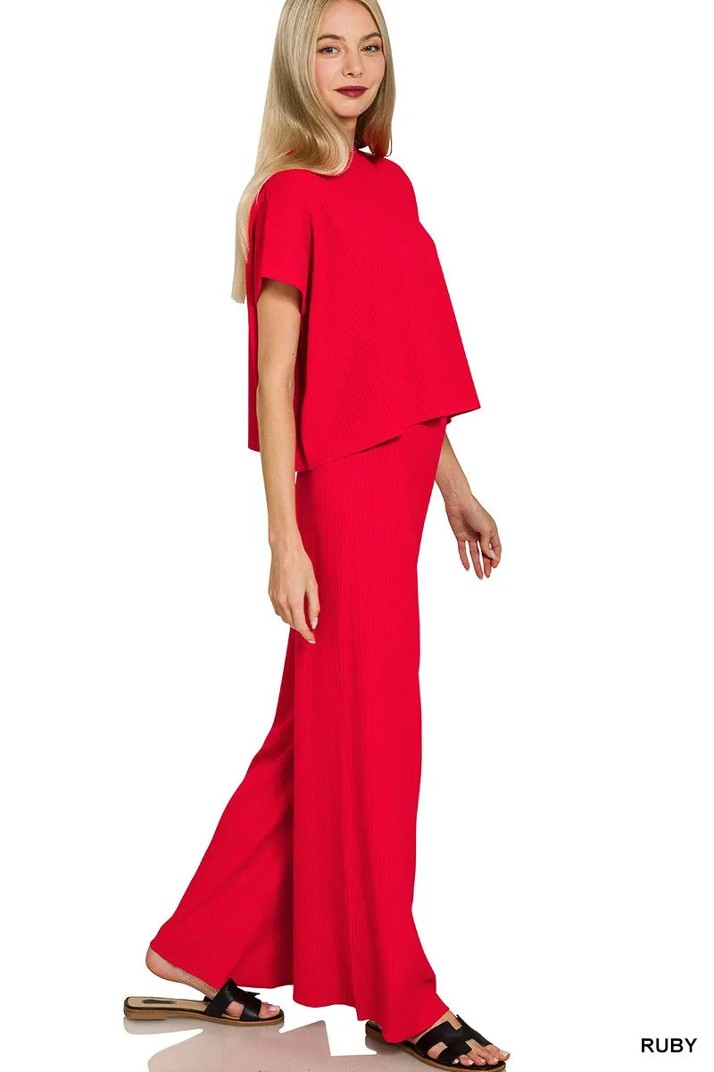 Zenana Ruby Viscose Sweater Short Sleeve Top and Pants Set