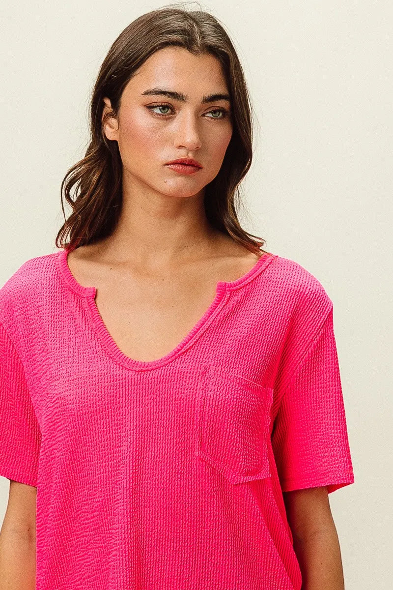 BiBi Fuchsia Waved Rib U Neck Top With Front Pocket