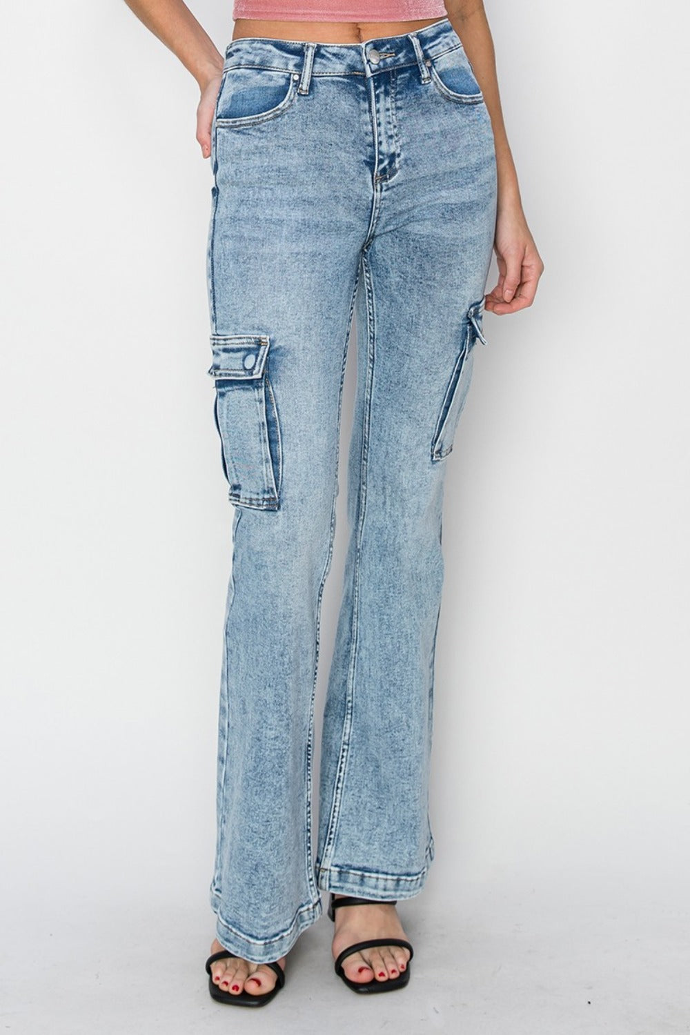 RISEN Medium Acid Washed High Rise Cargo Flare Jeans