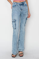 RISEN Medium Acid Washed High Rise Cargo Flare Jeans