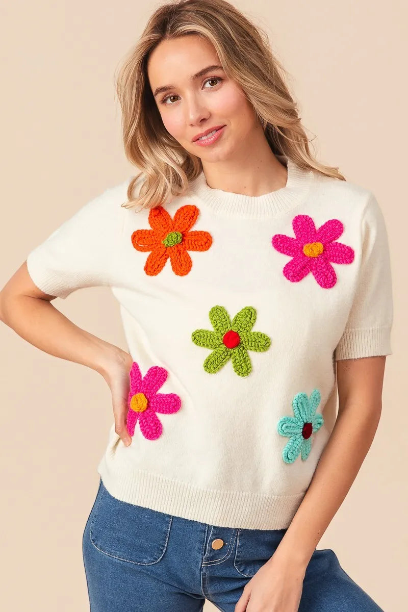 BiBi Ivory Crochet Flower Patch Sweater Top