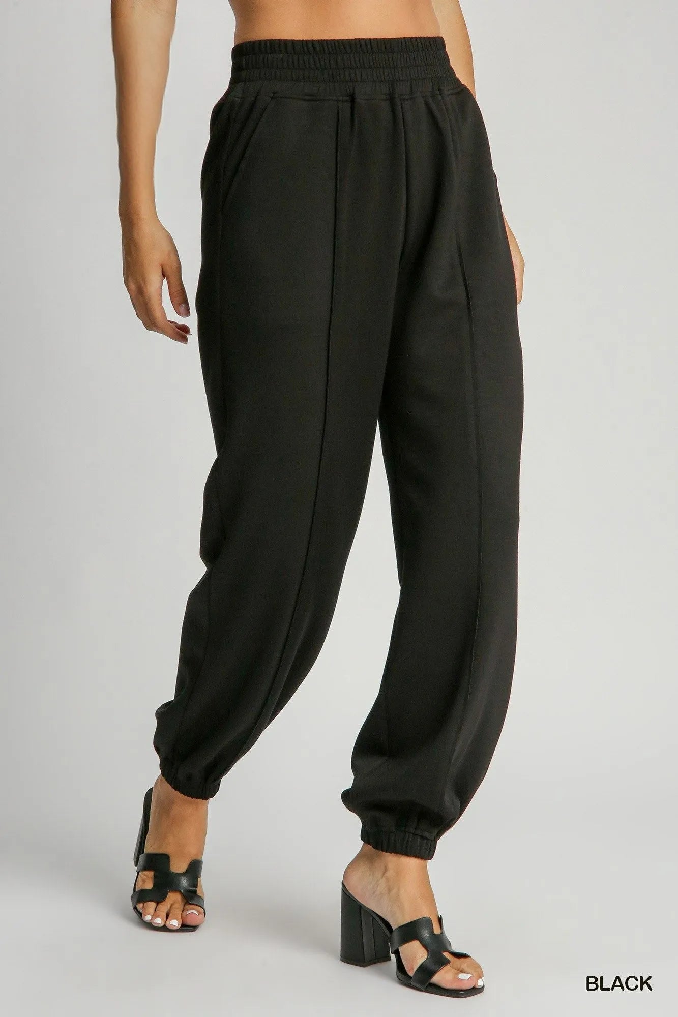 Umgee Black Drawstring Jogger Pants with Front Seam Detail Black