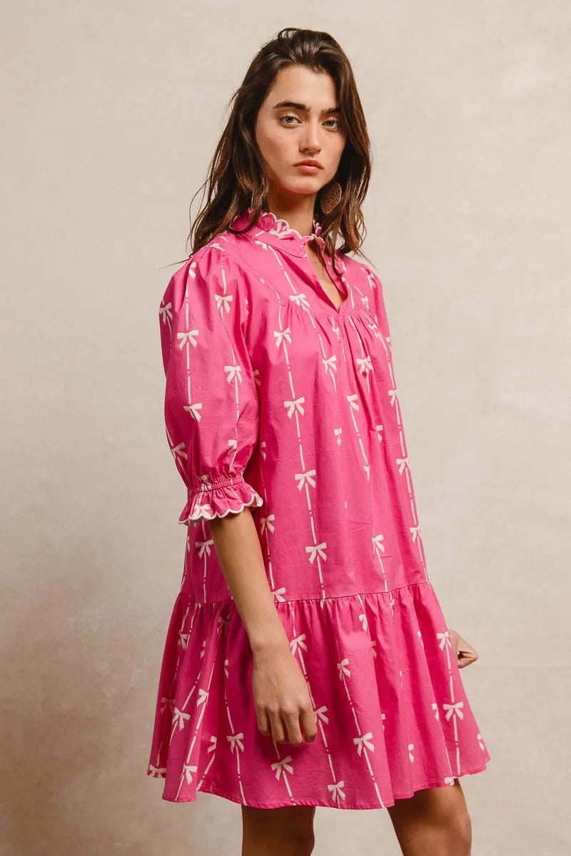 BiBi Fuchsia Ribbon Pattern With Scallops Edge Details Dress
