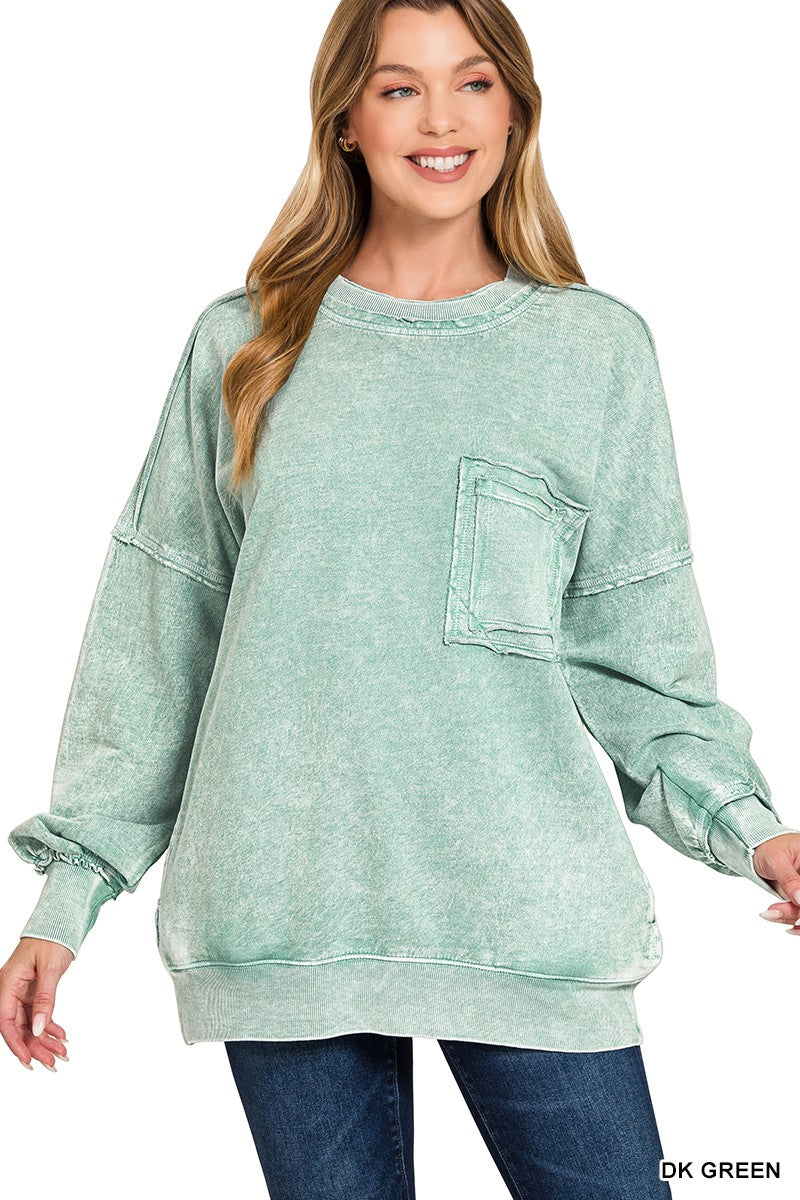 Zenana Dark Green Halo Washed French Terry Exposed-seam Sweatshirt DK GREEN