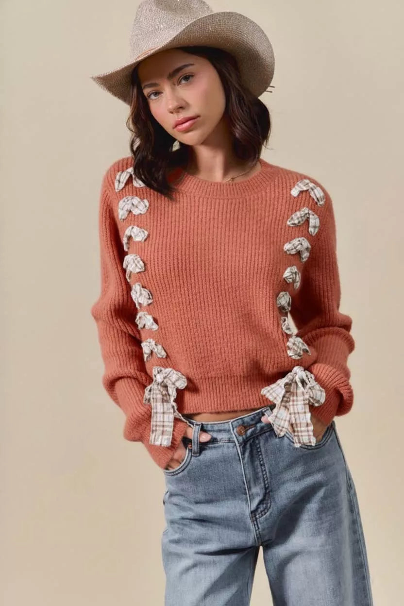 SO ME Rust Checkered Plaid Tape Lace Up Ribbed Sweater RUST