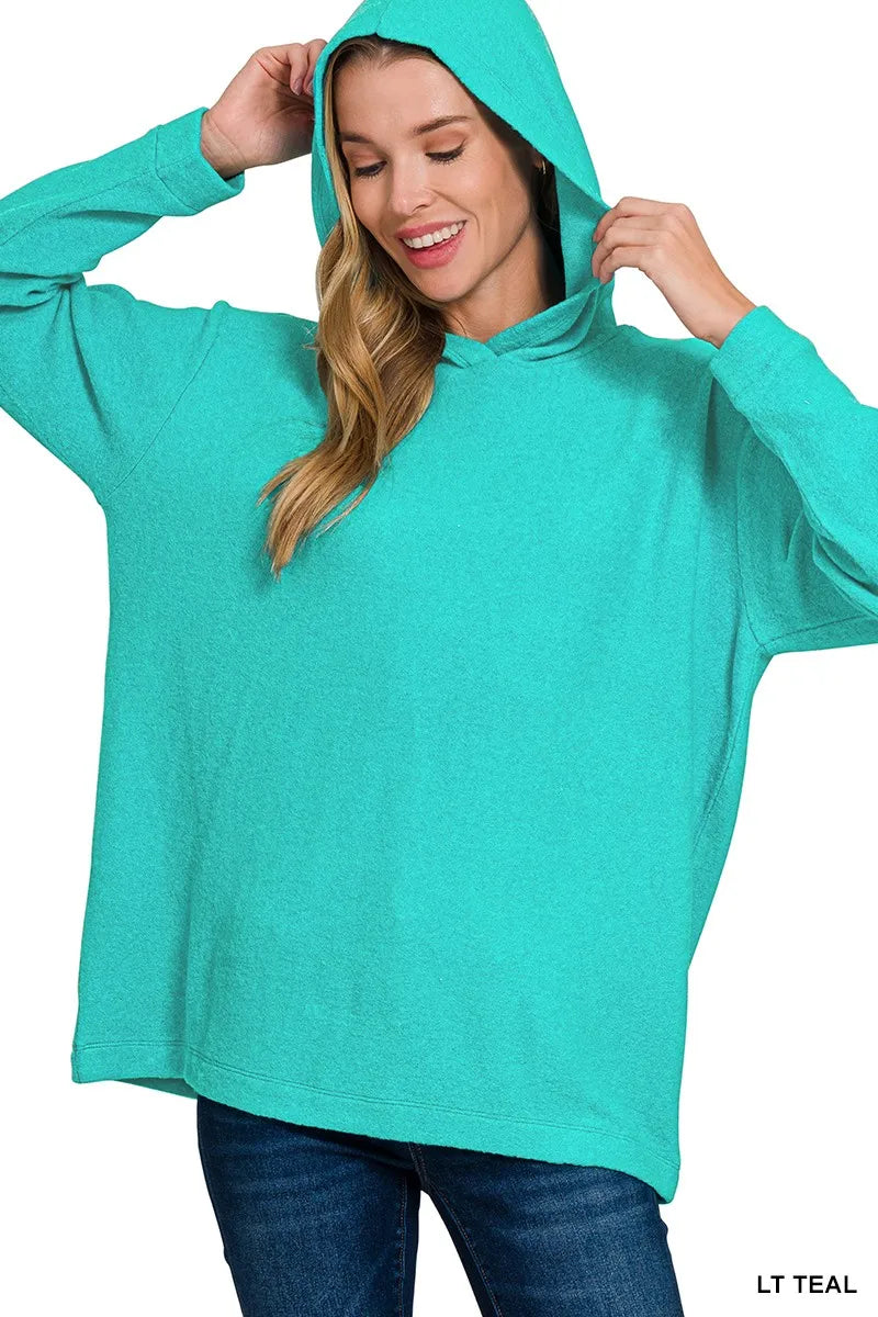 Zenana Light Teal Hooded Brushed Melange Hacci Sweater LT TEAL