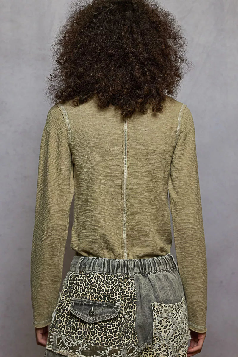 POL Olive Round Neck Long Sleeve Contrast Stitching T-Shirt with Stud Detail