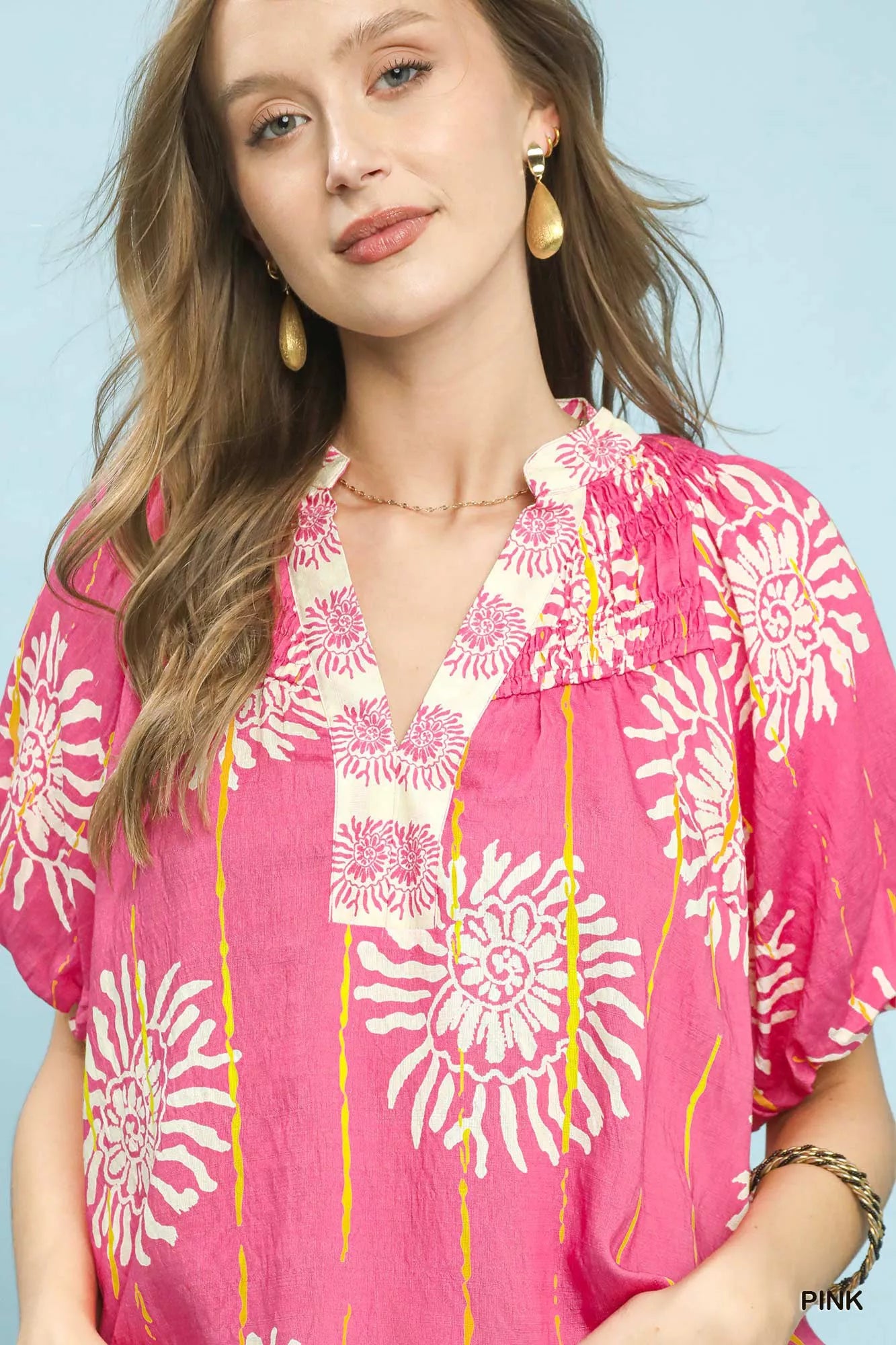 Umgee Pink Floral Border Smocked V-Neck Boho Blouse