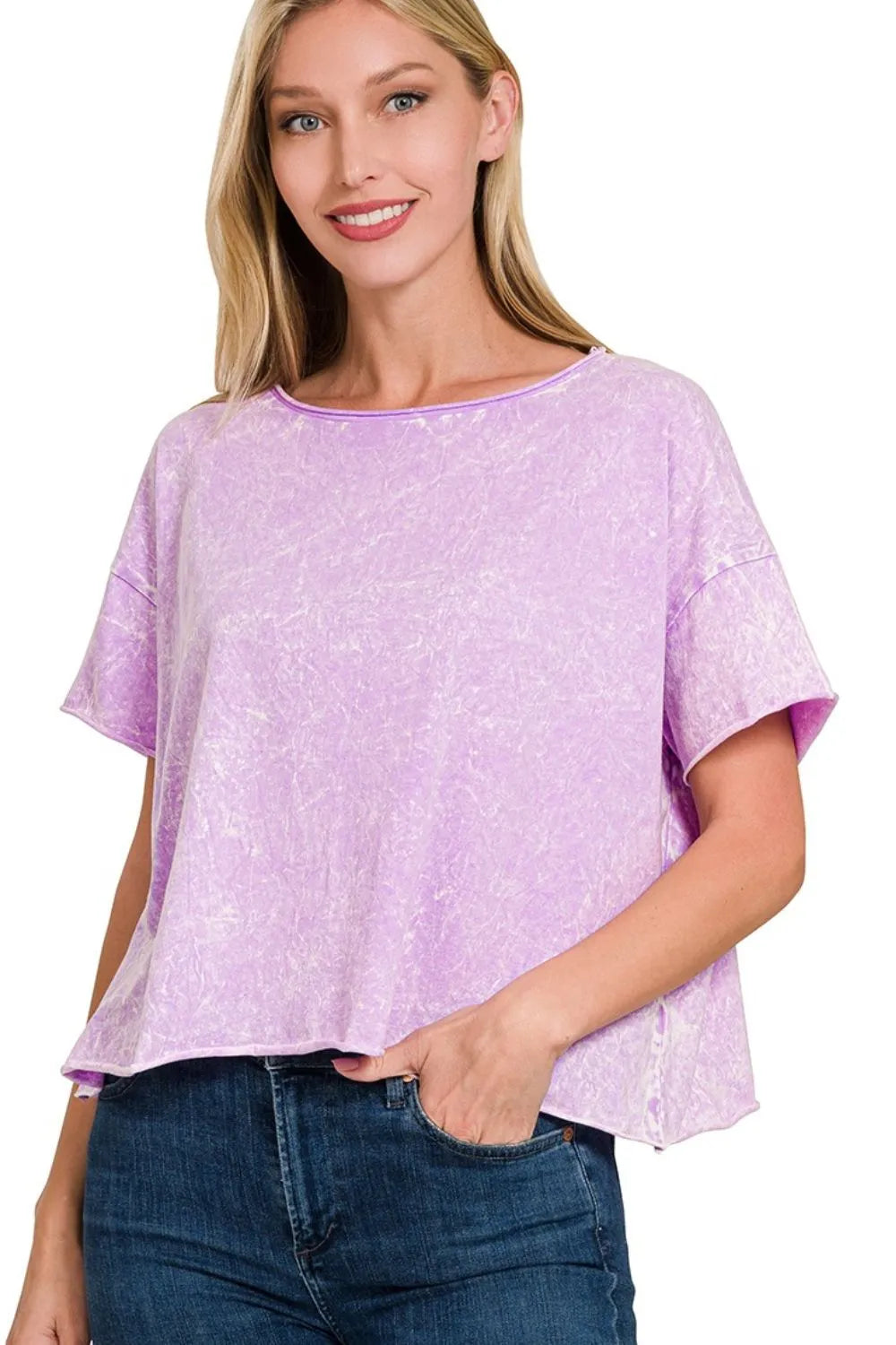 Zenana Bright Lavender Washed Crew Neck Short Sleeve Crop Box Tee B LAVENDER