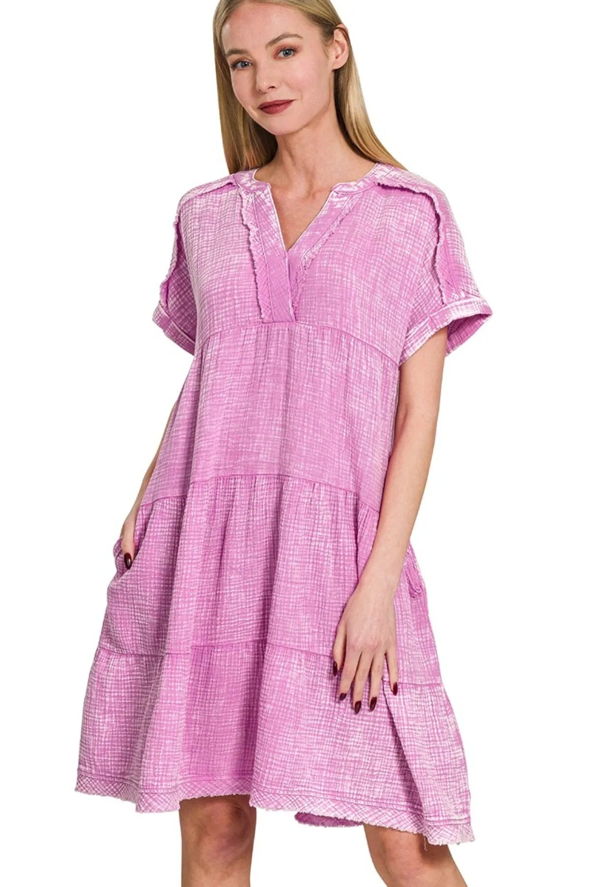 Zenana Bright Mauve Washed Double Gauze Raw Edge V-neck Dress BRIGHT MAUVE