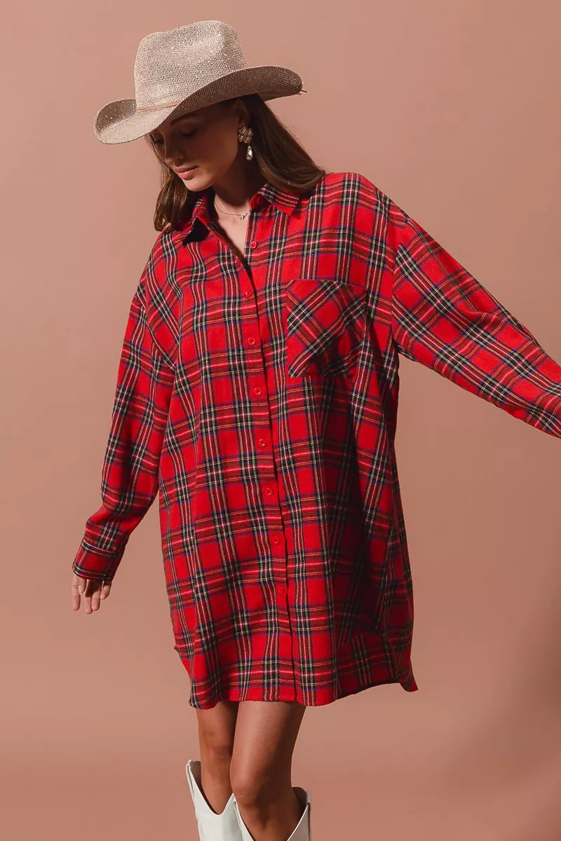 SO ME Christmas Checker Plaid Button Up Shirt Dress – Red Multi