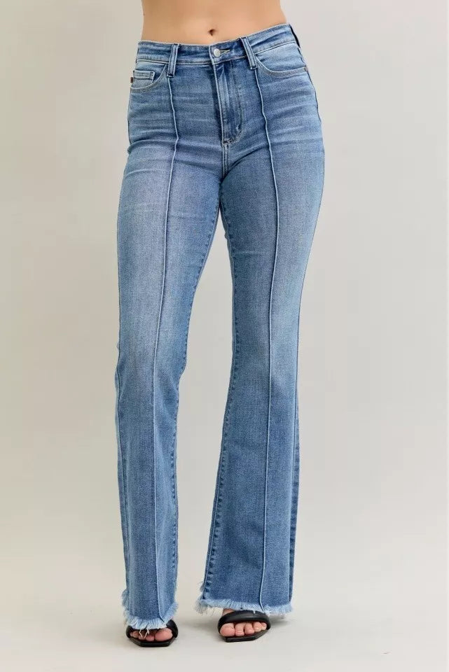 Judy Blue Medium Washed High Waist Flare Fray Hem Jeans with Front Pintuck Detail