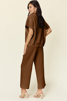 Double Take Quilted Textured Half Zip Short Sleeve Top and Pants Set Sets