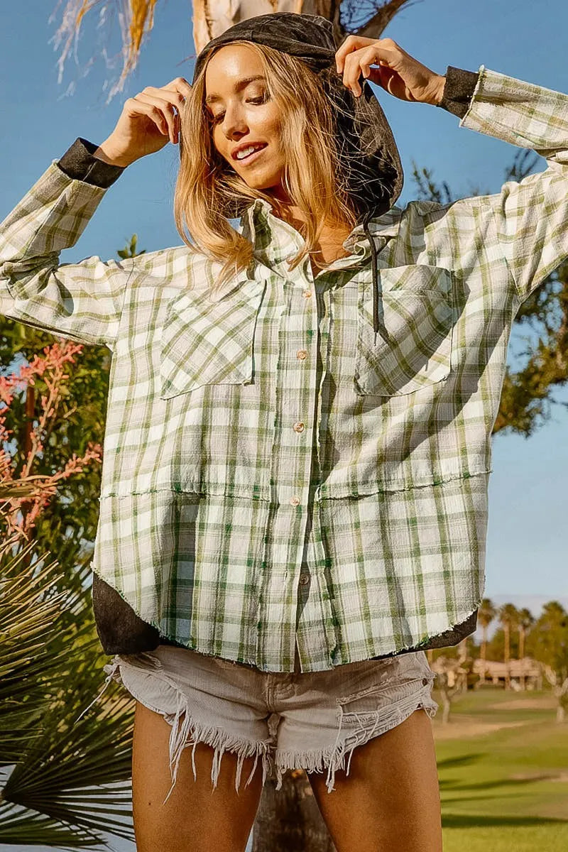 BiBi Green Casual Check Shirt with Hood
