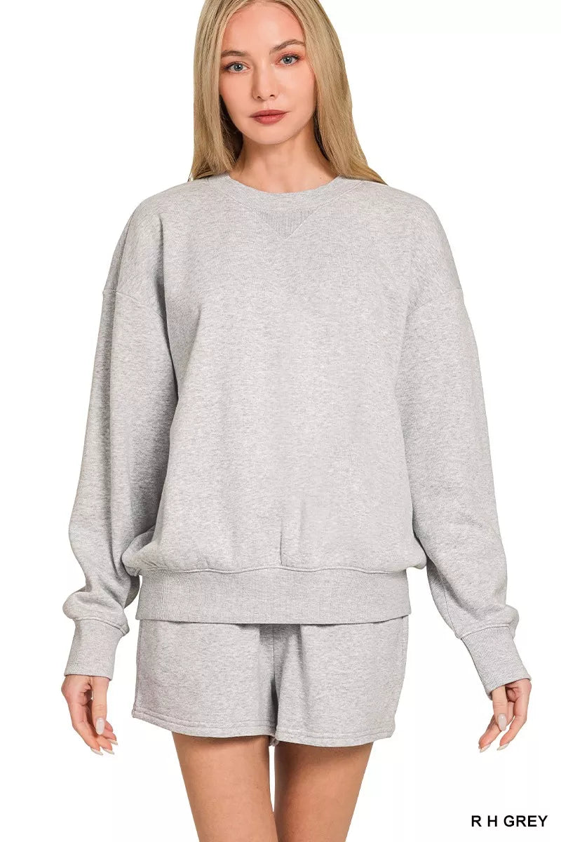Zenana Heather Gray Fleece Long Sleeve Sweatshirts & Shorts Set