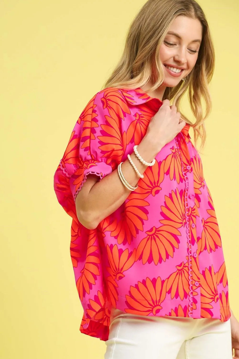 Umgee Hot Pink Neon Tropical Print Button-Up Shirt