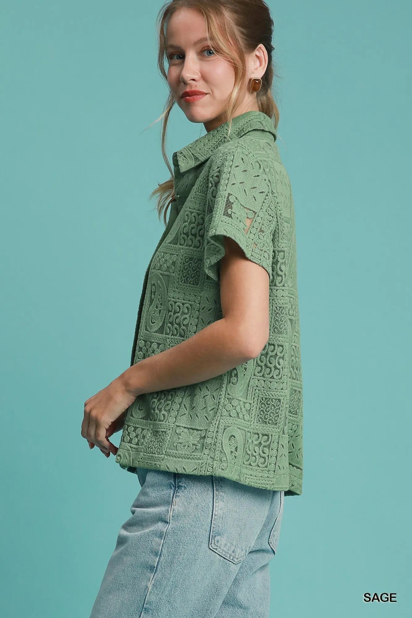 Umgee Sage Patch Lace Short Sleeve Button Down Shirt