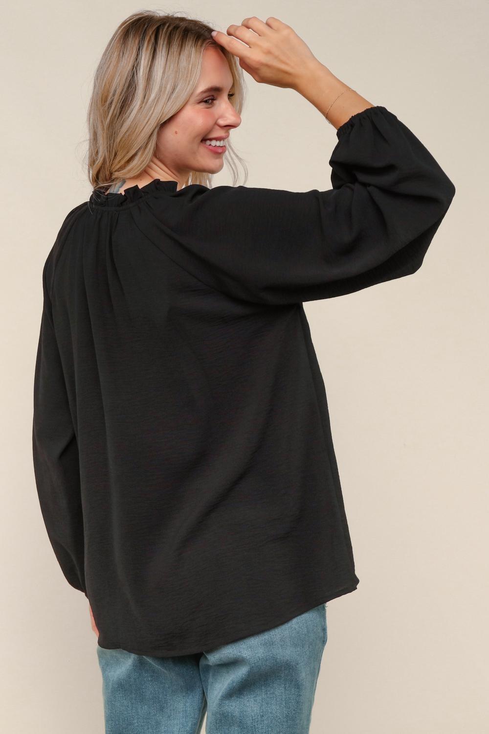 Haptics Black Frilled Placket Button Down Long Sleeve Blouse