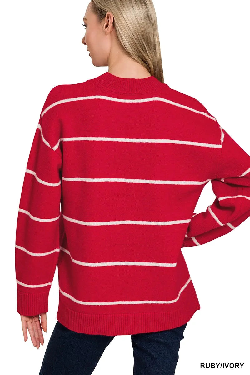 Zenana Ruby & Ivory Round Neck Stripe Sweater