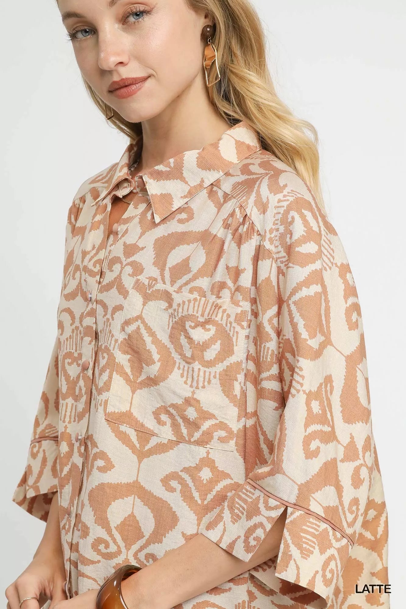 Umgee Latte Abstract Print Button-Up Oversized Shirt