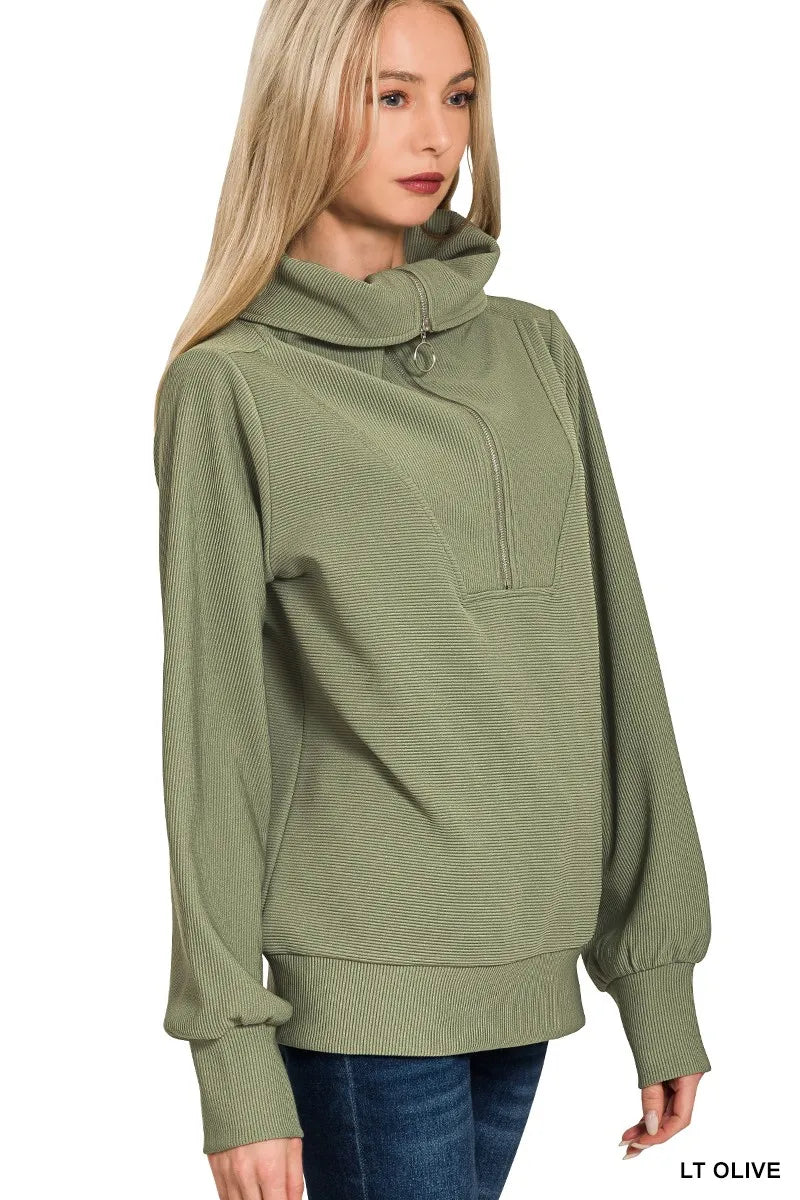 Zenana Light Olive Ribbed High Neck Half Zip Pullover & Pants Set