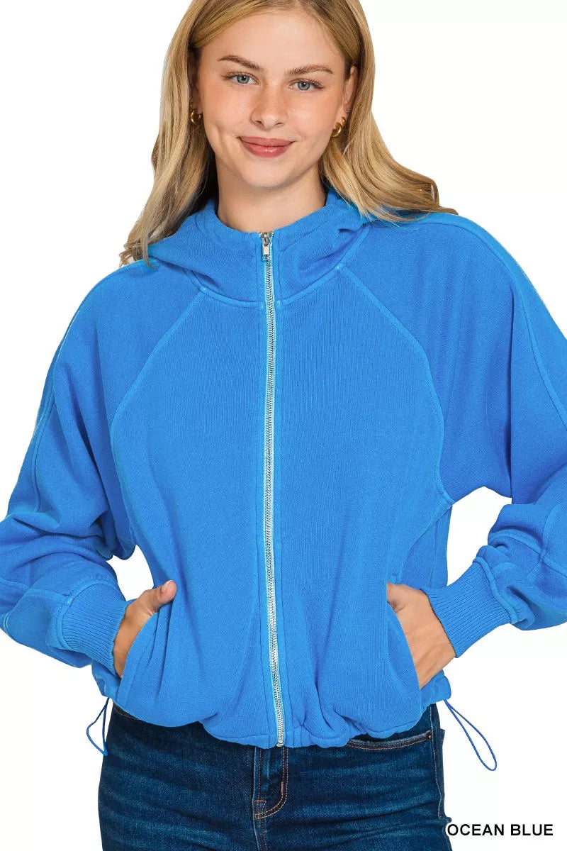 Zenana Ocean Blue Fleece Pigment Dye Zip Up Hoodie with Pockets OCEAN BLUE