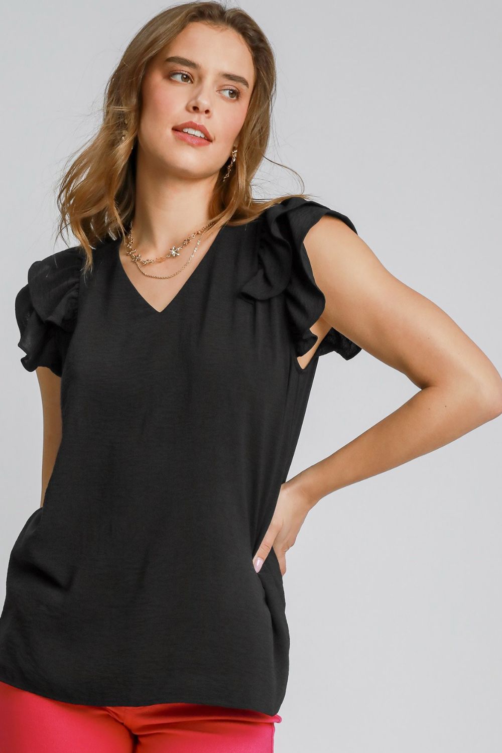 Umgee Black V-Neck Double Layered Ruffle Sleeve Blouse Black