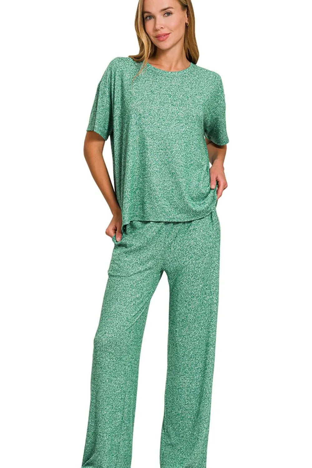 Zenana Dark Green Soft Melange Short Sleeve Tee & Long Pants Set DK GREEN