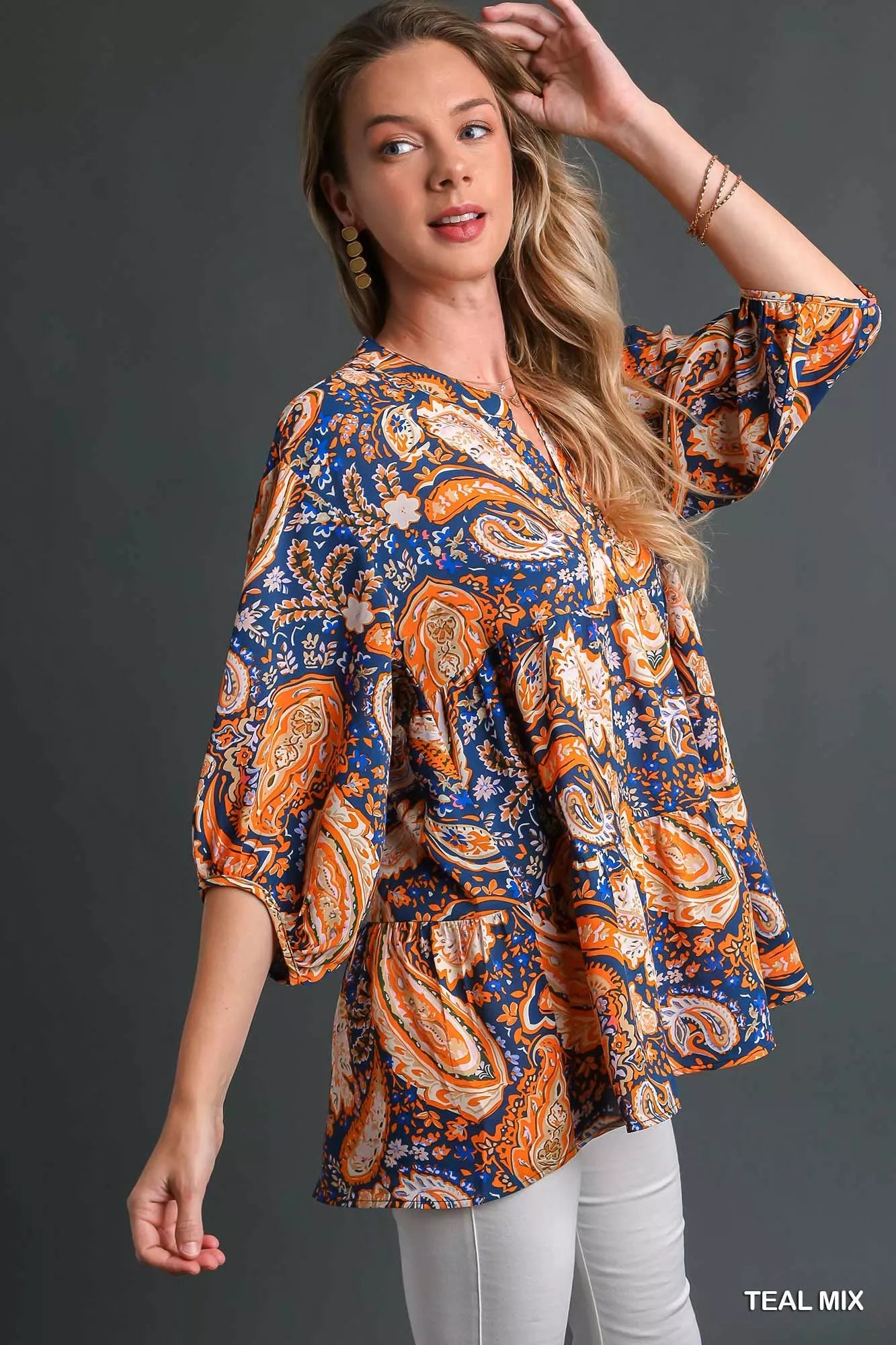 Umgee Teal Mix Paisley Boho Tunic Blouse