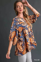 Umgee Teal Mix Paisley Boho Tunic Blouse