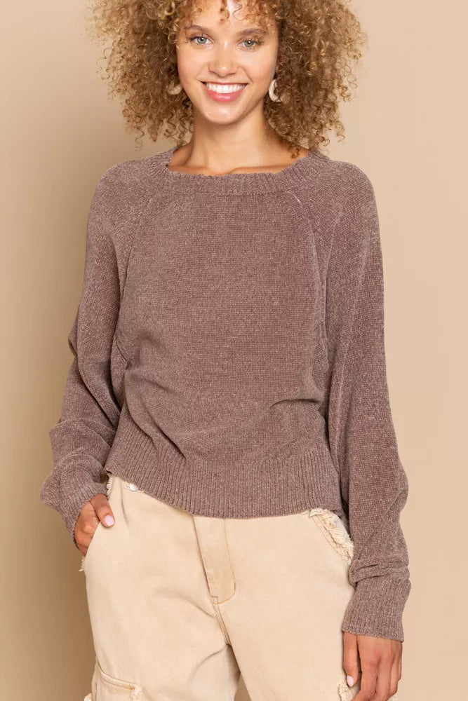 POL Chocolate Round Neck Backless Sweater with Ribbed Edge