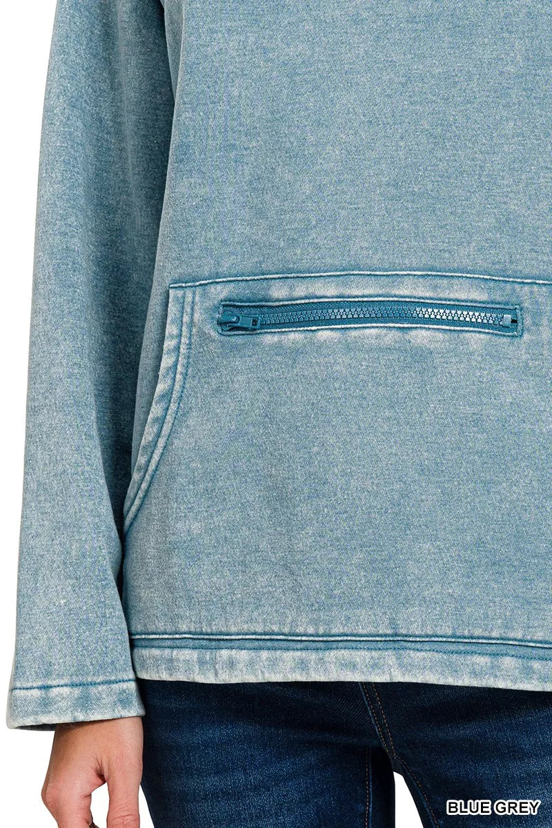 Zenana Blue Grey Fleece Washed High Neck Kangaroo Pocket Sweatshirt
