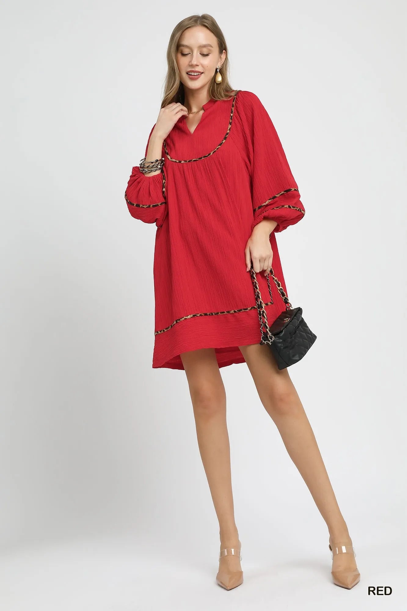 Umgee Red Textured Babydoll Dress with Leopard Trim