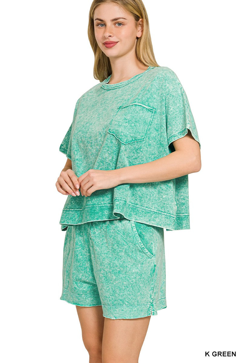 Zenana Kelly Green Halo Snow Washed Boxy Top & Shorts Set K GREEN