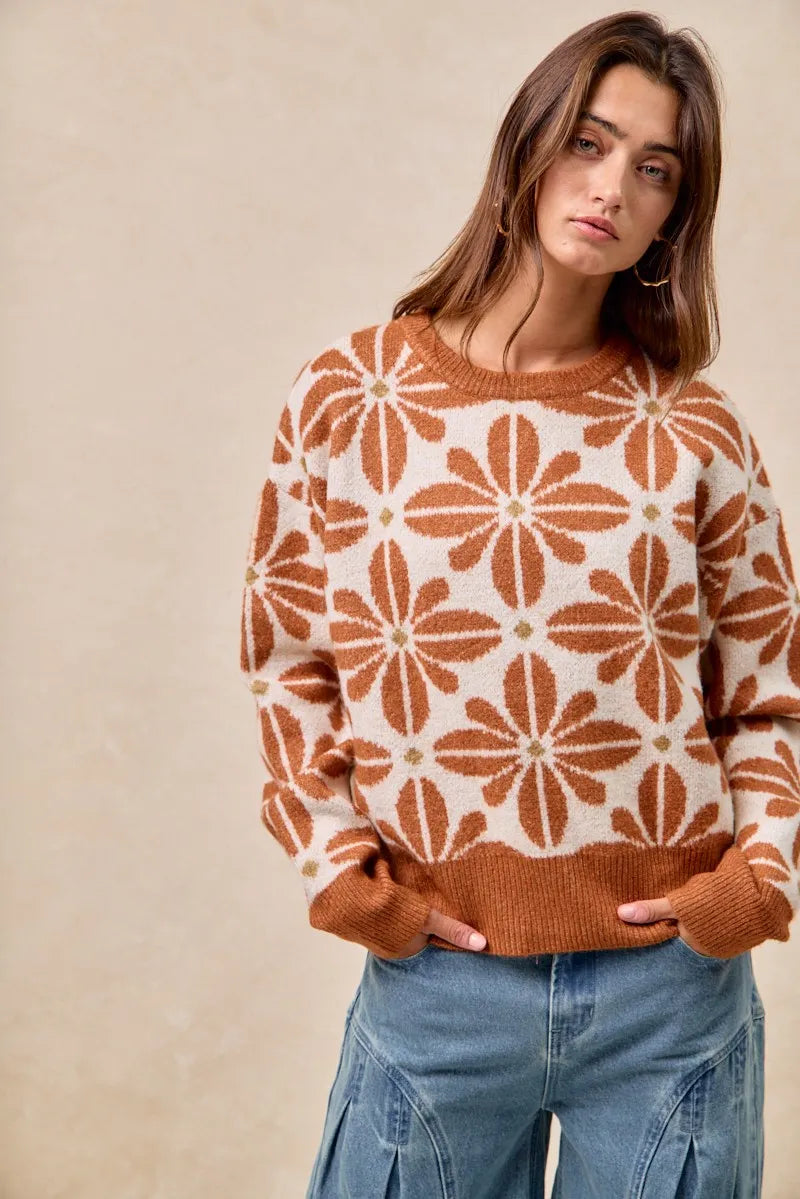 BiBi Rust & Ivory Flower Pattern Long Sleeve Sweater
