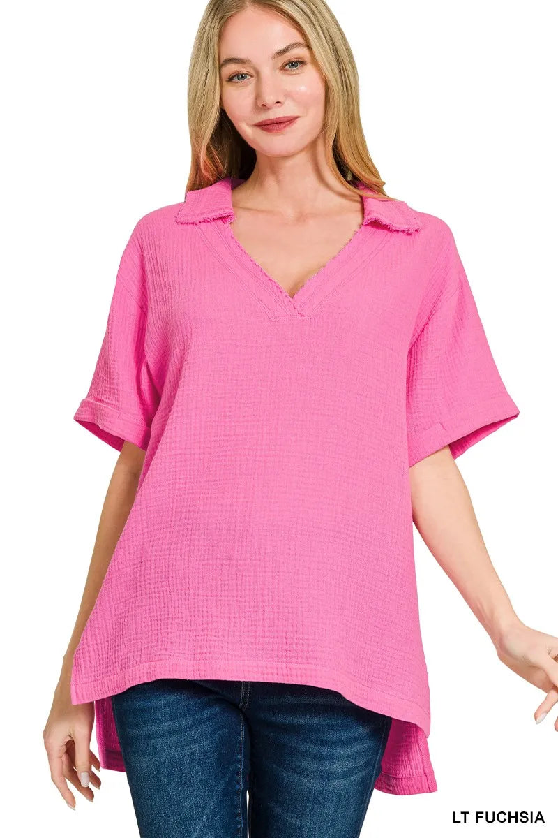 Zenana Double Gauze Short Sleeve High-Low Top LT FUCHSIA