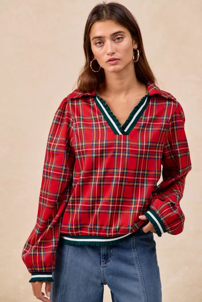 BiBi Christmas Red Plaid Collared Top with Ruffled Detail